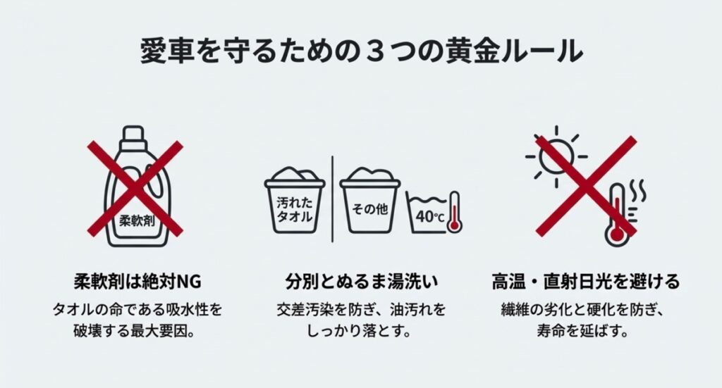 柔軟剤禁止、分別洗い、高温回避をまとめた洗車タオル洗濯の3つの黄金ルール