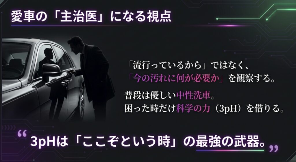 愛車の主治医として汚れに必要な処方箋(3pH洗車)を選ぶという考え方