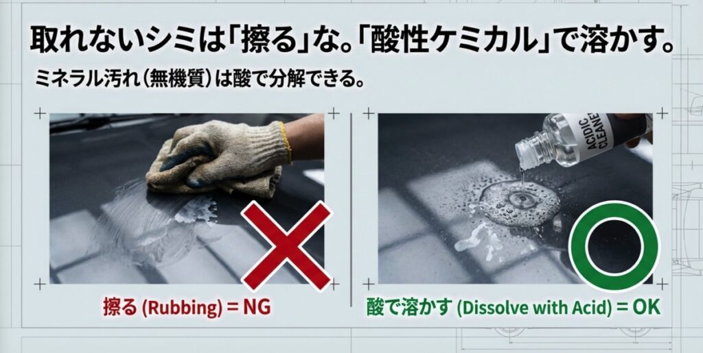 取れないシミを擦るのではなく酸性クリーナーで溶かして除去する方法の比較図