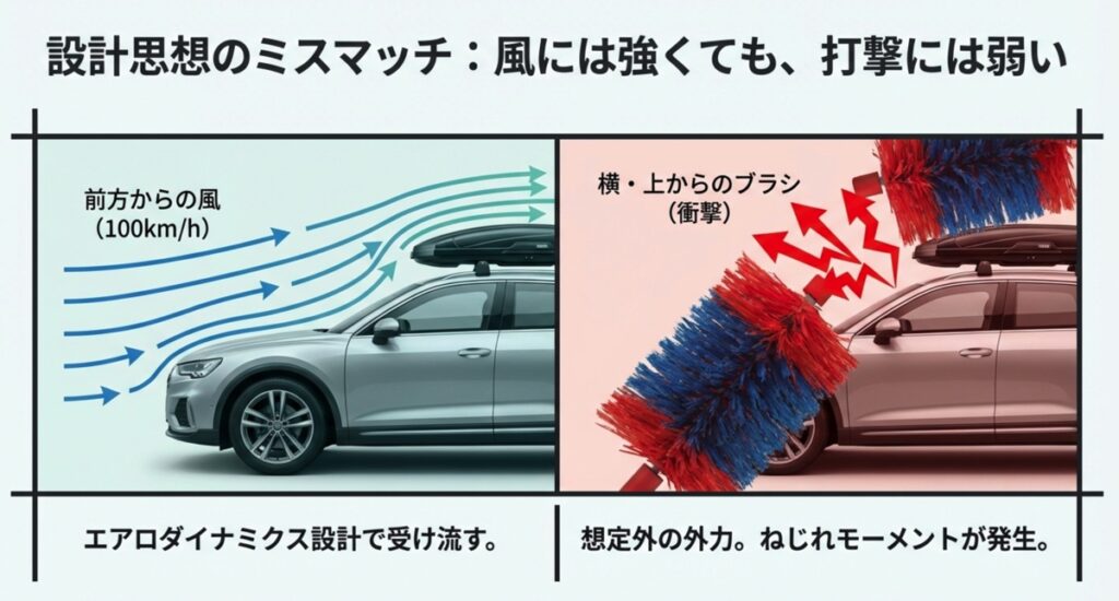 前方からの風を受け流すエアロダイナミクス構造と、多方向から衝撃を受ける洗車ブラシの比較