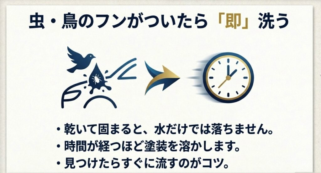 鳥のフンや虫の汚れが塗装を溶かすリスクと、見つけたらすぐに洗うべきという時短テクニック。