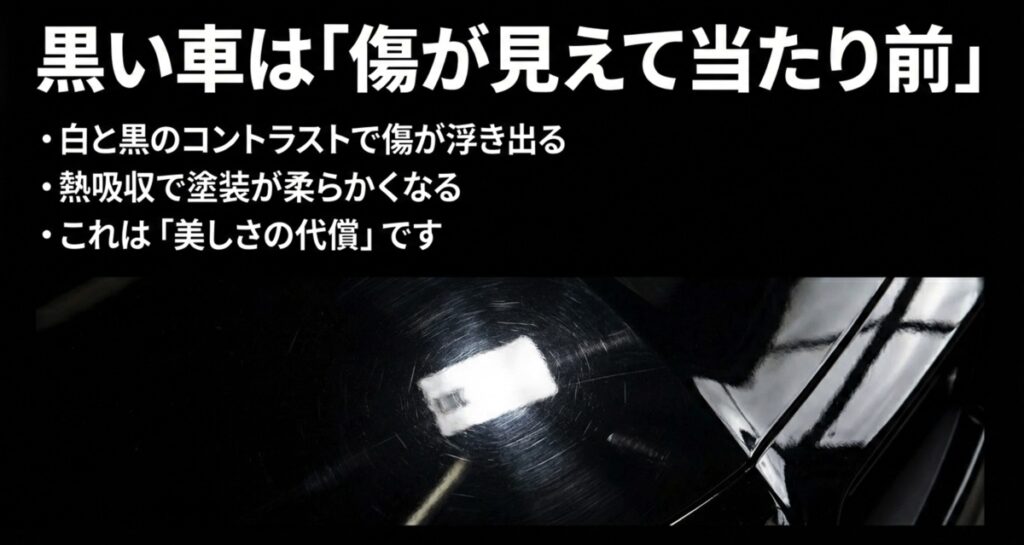 黒い車の特性についての解説。コントラストと熱吸収により傷が目立ちやすいことは「美しさの代償」であるという説明