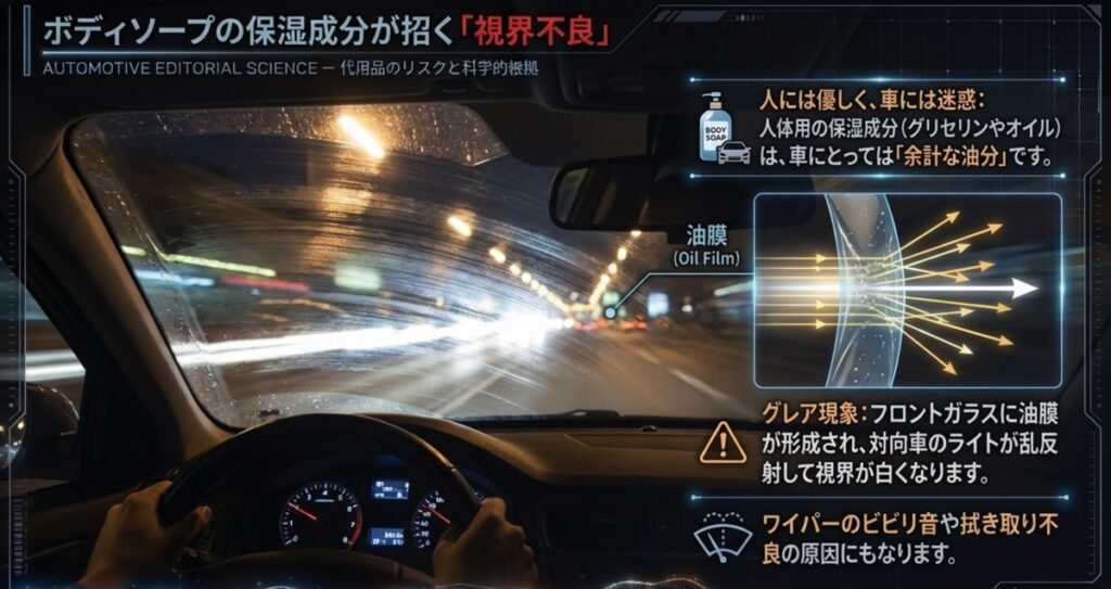ボディソープに含まれる保湿成分がフロントガラスに油膜を作り、対向車のライトを乱反射させるグレア現象の図