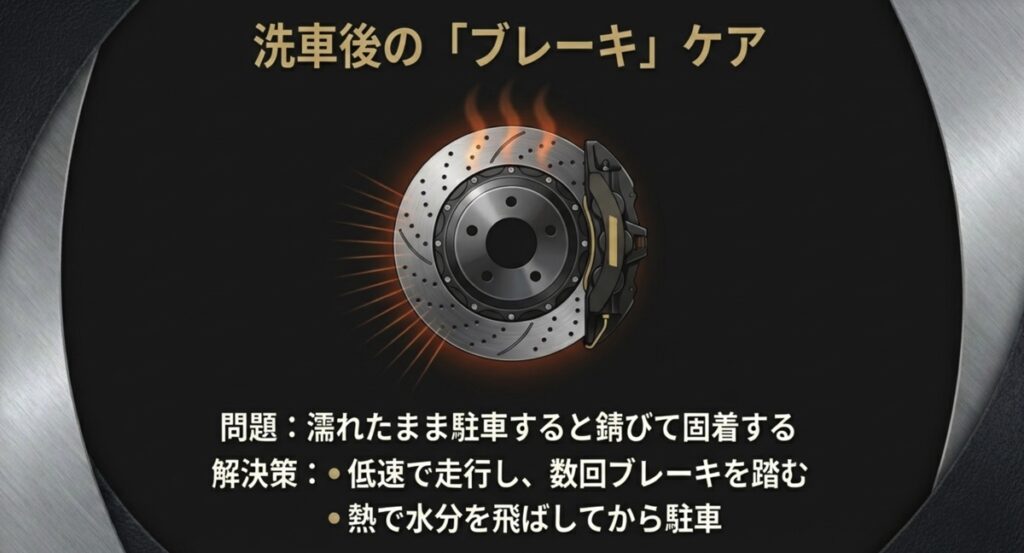 洗車後に濡れたまま駐車するとブレーキが固着する問題。低速走行とブレーキ熱で水分を飛ばす解決策