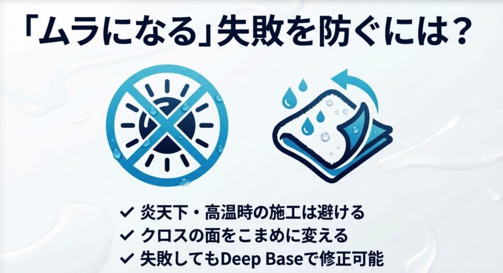 炎天下禁止のアイコンと、クロスの面をこまめに変える図解。失敗してもDeep Baseで修正可能という補足