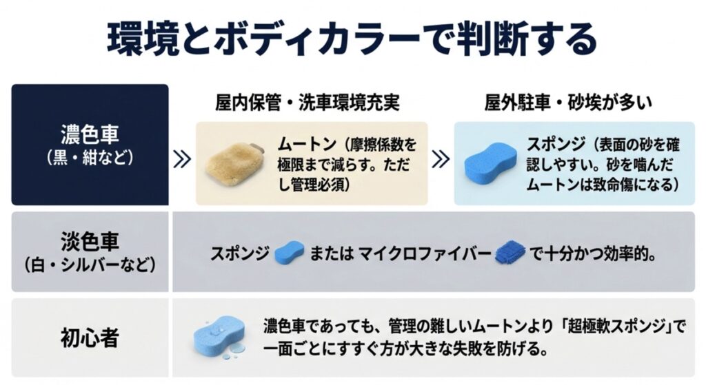 車のボディカラーと保管環境別のおすすめ洗車道具マトリクス表