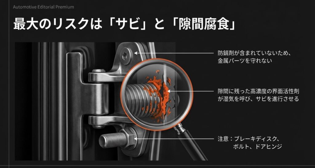 ドアヒンジの隙間やボルト部分に赤サビが発生している拡大イメージ。防錆剤が含まれていないリスクを示す図