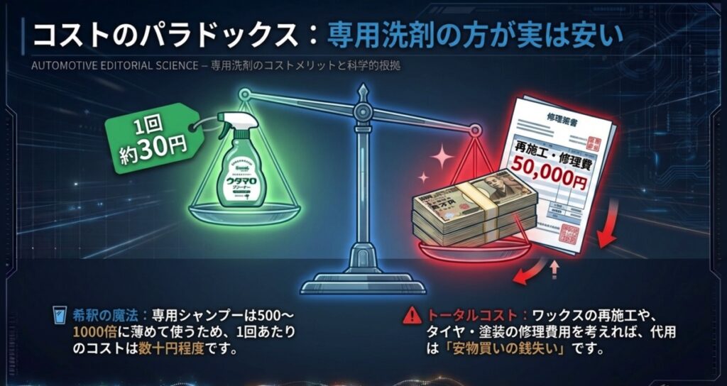 希釈して使うカーシャンプーの1回あたりの安さと、代用品を使った場合の修理・再施工コストの比較図