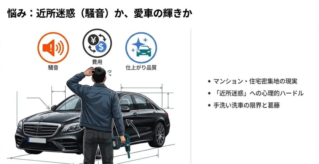 洗車におけるブロワー導入の悩み（騒音、費用、仕上がり品質）を抱える男性のイラスト