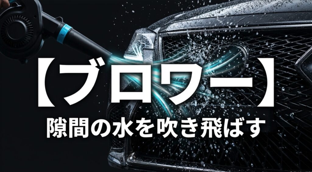 イラスト:洗車用ブロワーを使用して、グリルや隙間の水を強力に吹き飛ばす様子