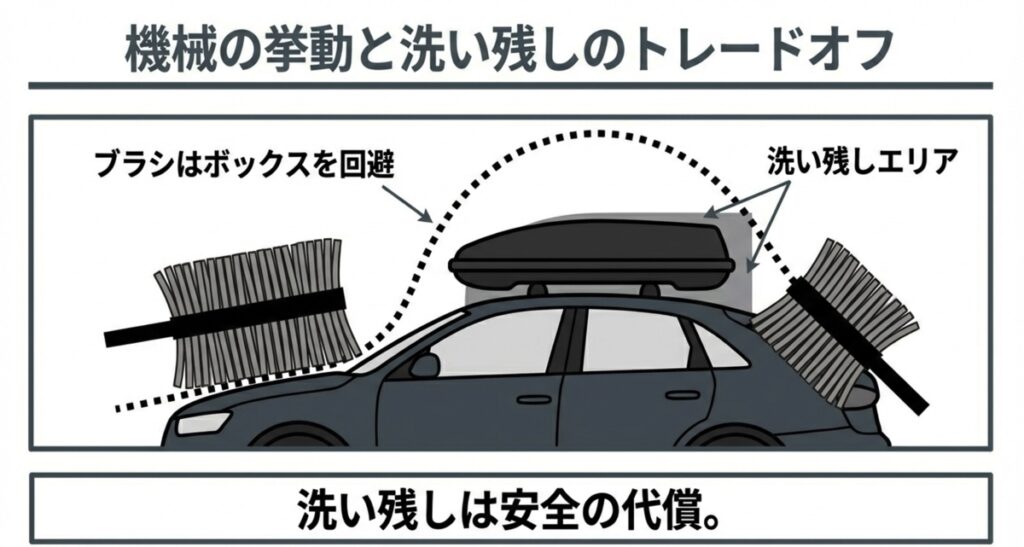 洗車機のブラシがルーフボックスを避けて動く様子と、それに伴う洗い残し発生エリアの図解