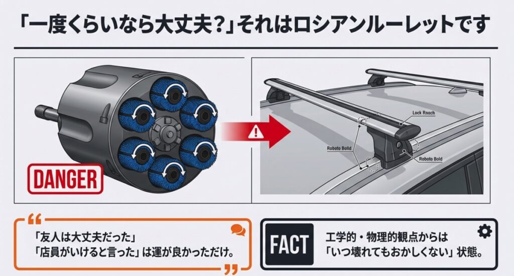 洗車機の回転ブラシがルーフキャリアのバーに激突するメカニズムの図解