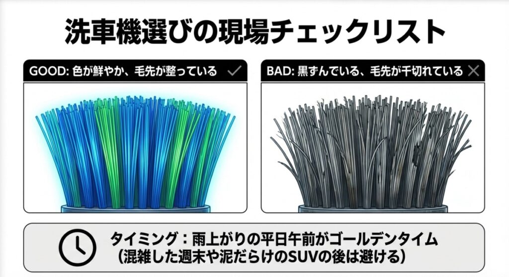 洗車機ブラシの劣化チェックポイントと利用すべき時間帯