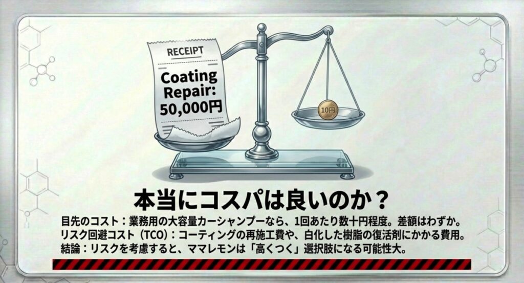 数十円の洗剤コストと数万円のコーティング修理費用を天秤にかけたイラスト