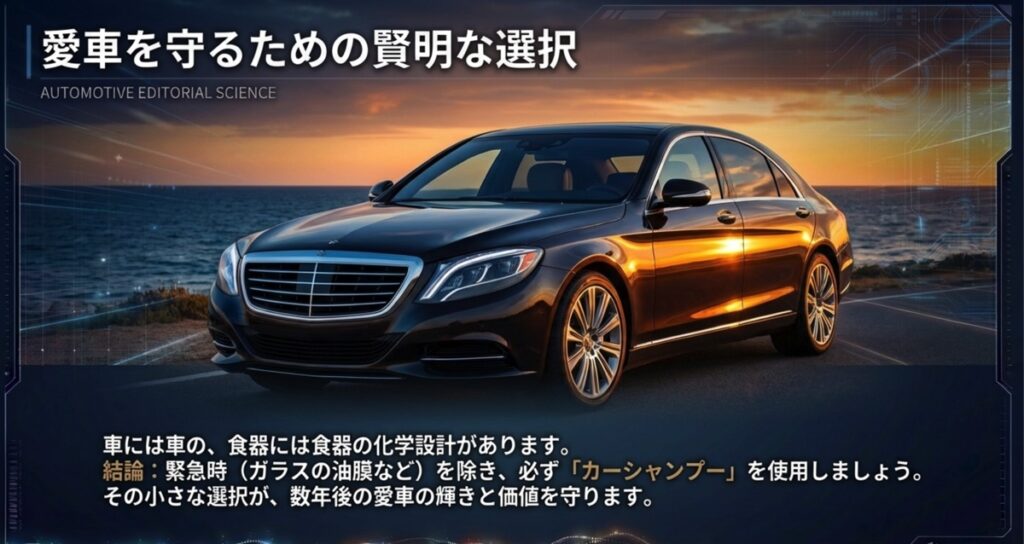 車には車の化学設計があり、緊急時を除いて必ずカーシャンプーを使用すべきという結論のメッセージ