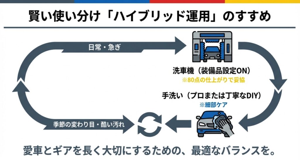 日常は洗車機、汚れがひどい時は手洗いというハイブリッドな運用を提案するイラスト