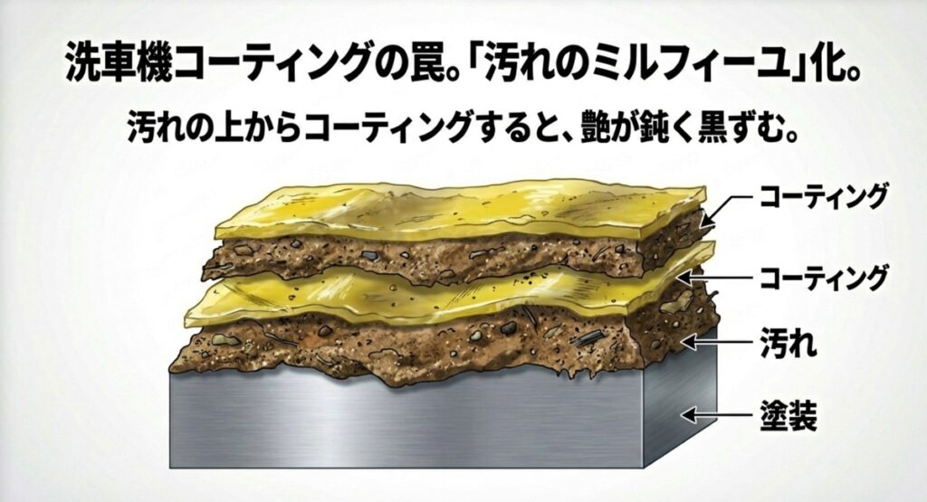 汚れの上からコーティングを重ねることで発生する汚れのミルフィーユ化の断面図