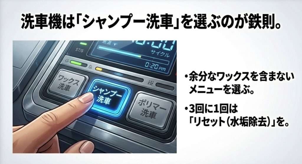 洗車機ではワックスなしのシャンプー洗車を選び、定期的にリセットを行うことを推奨する画像