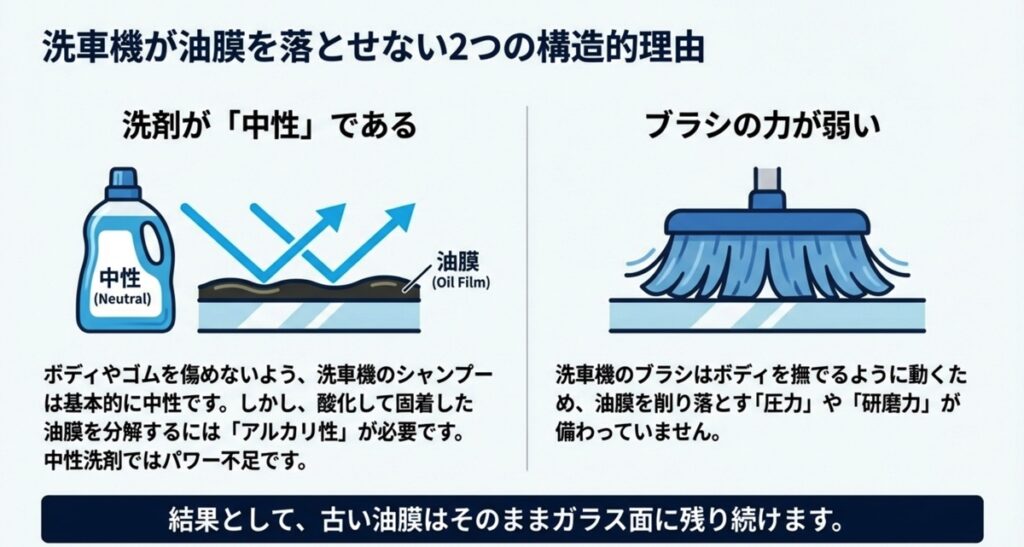 洗車機の中性洗剤とブラシの力不足により、ガラスに固着した油膜が分解・除去できないメカニズムの解説図
