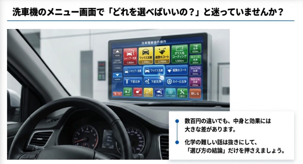 ガソリンスタンドの洗車機メニュー操作画面の例