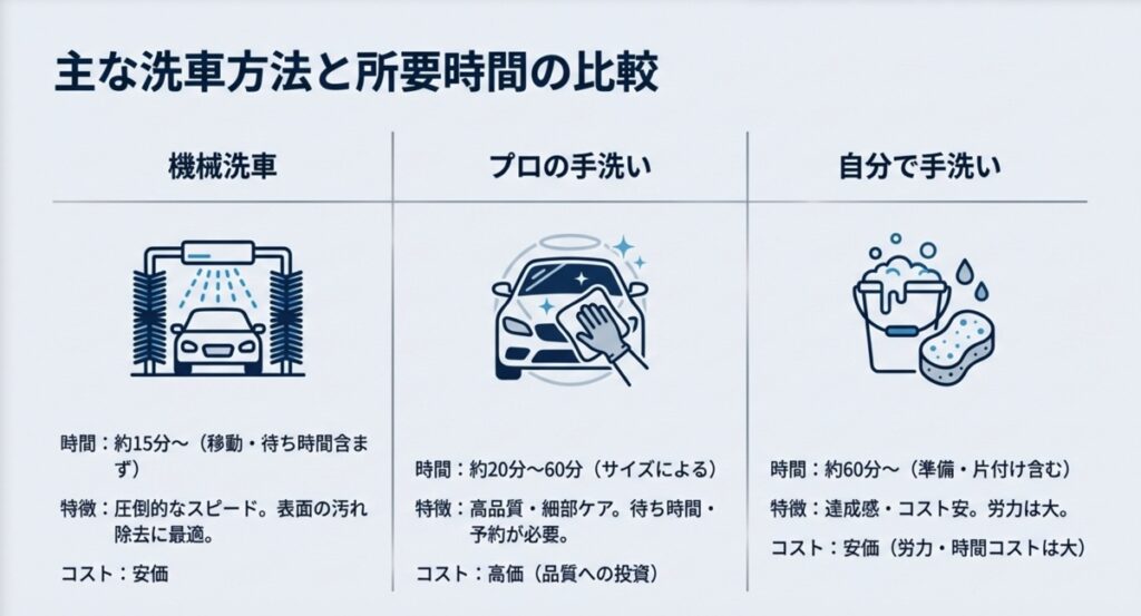 機械洗車、プロの手洗い、自分で手洗いの所要時間とコスト・特徴を比較した図
