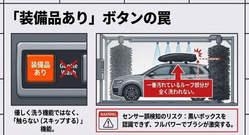 装備品あり設定にするとセンサーがルーフボックス周辺を避けてしまい汚れが落ちない様子の図解