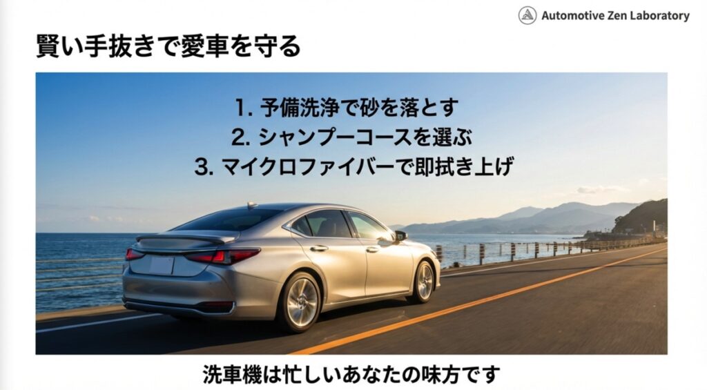 予備洗浄で砂を落とす、シャンプーコースを選ぶ、マイクロファイバーで即拭き上げ、という3つの手順をまとめたスライド。