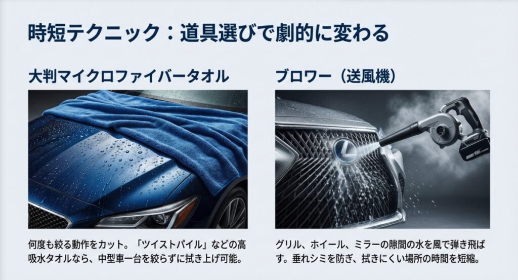 洗車時間を短縮する大判マイクロファイバータオルとブロワーの活用イメージ
