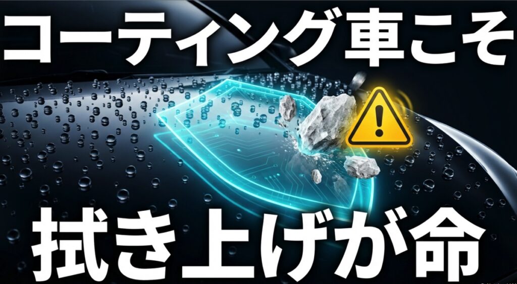 テキストイメージ:コーティング施工車こそ、その性能を守るために拭き上げが重要であるという強調メッセージ