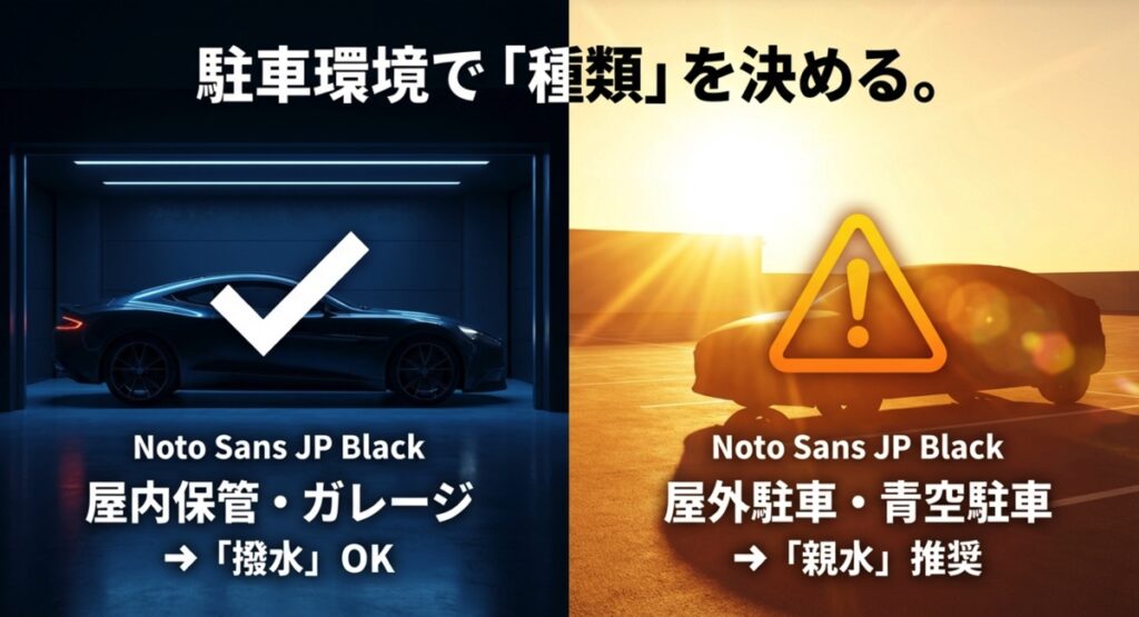 屋内保管は撥水、屋外駐車は親水を推奨する環境別コーティングの選び方チャート