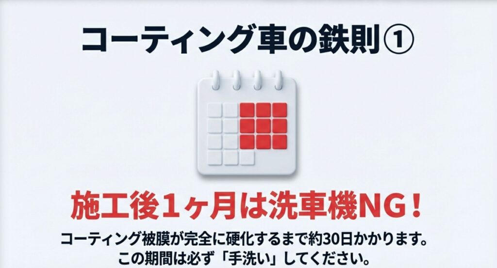 コーティング被膜が完全に硬化するまでの約30日間は手洗いが必要であることを示すカレンダーのイラスト