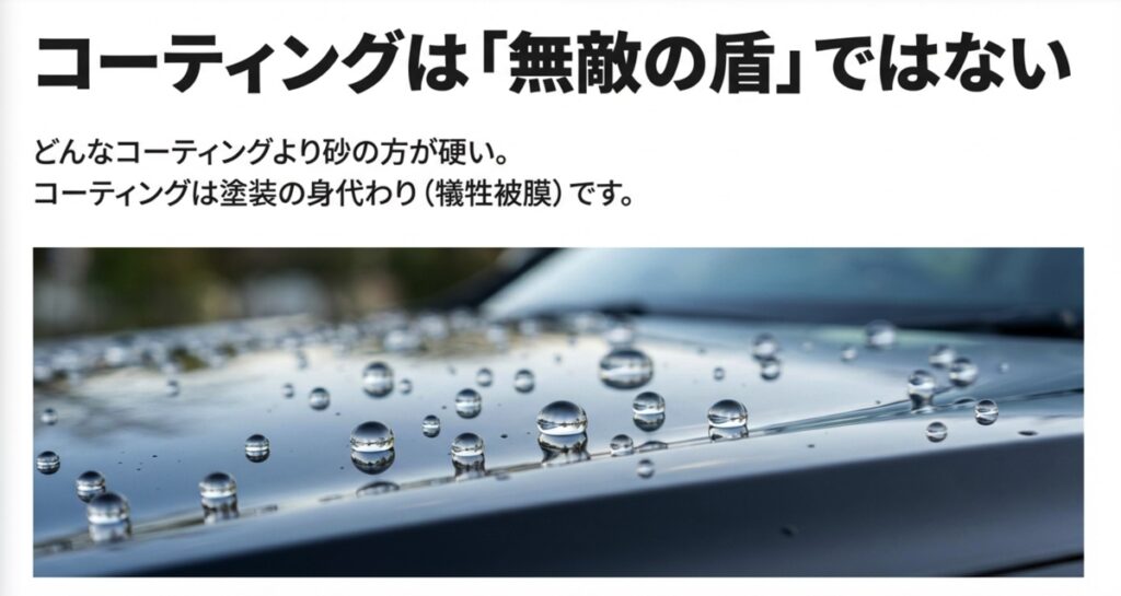 撥水しているボンネットの画像。コーティングは塗装の身代わり（犠牲被膜）であるという説明