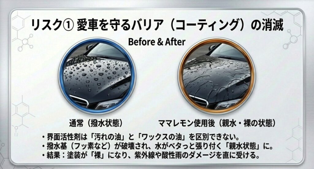 洗車前の撥水状態と、ママレモン使用後の親水状態(コーティング剥離)の比較写真