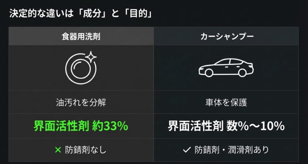 食器用洗剤は界面活性剤約33%で防錆剤なし、カーシャンプーは界面活性剤数%〜10%で防錆剤・潤滑剤ありという比較図