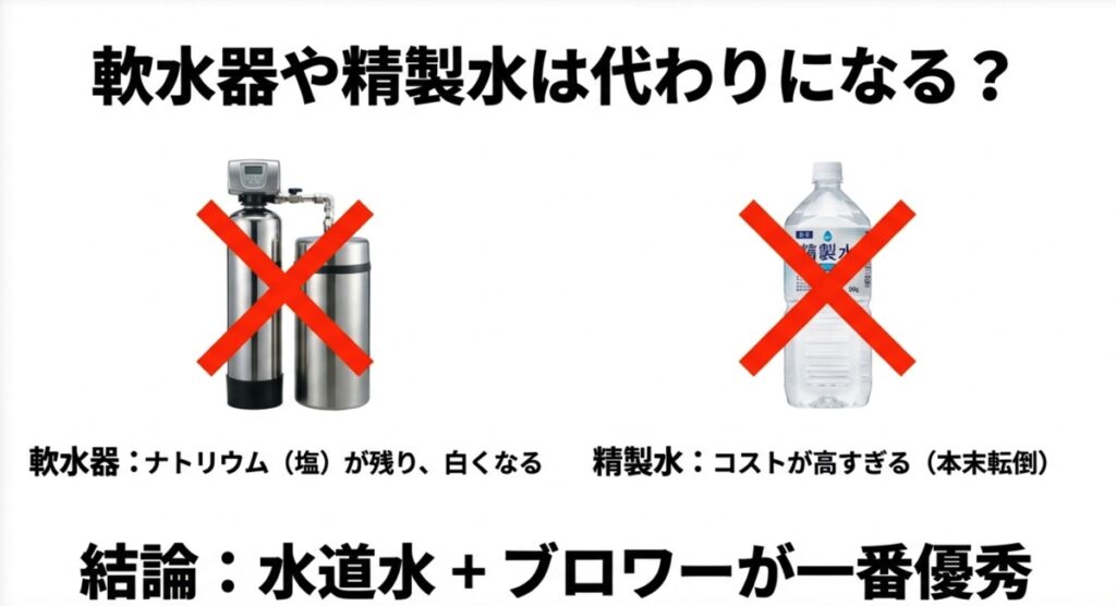 軟水器や精製水が純水器の代わりにならない理由と結論のスライド