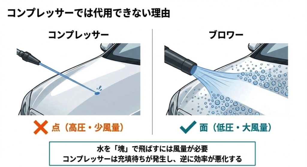 コンプレッサー（点・高圧）とブロワー（面・大風量）の水飛ばし効率の違い