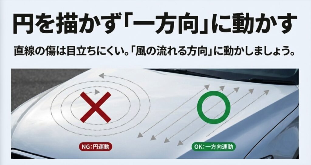 洗車のNG例としての円運動と、OK例としての一方向運動を示したボンネットの比較画像