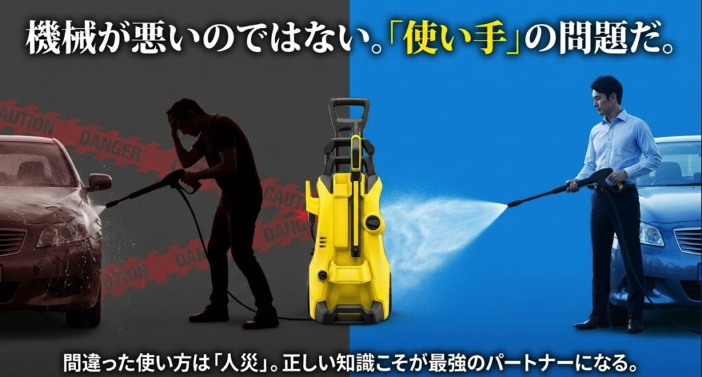 誤った使い方で頭を抱える人と、正しい知識を持って自信満々に高圧洗浄機を使う人の対比イラスト