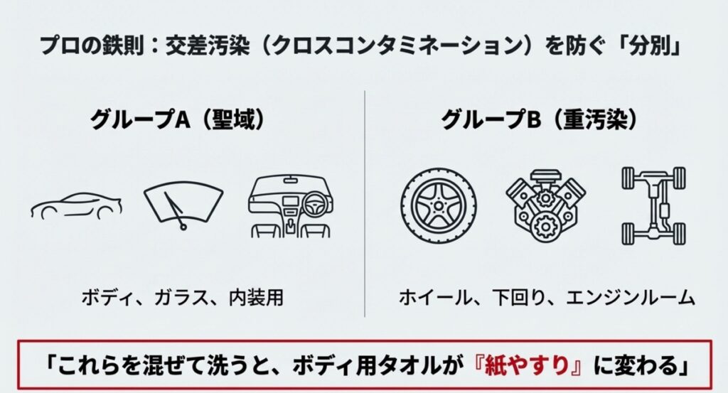 交差汚染を防ぐためのボディ用と足回り用のタオルの分別方法