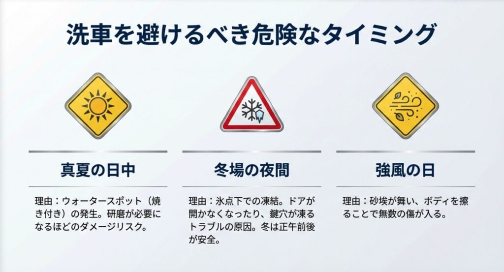 真夏の日中、冬の夜間、強風の日など洗車を避けるべきタイミングの警告アイコン