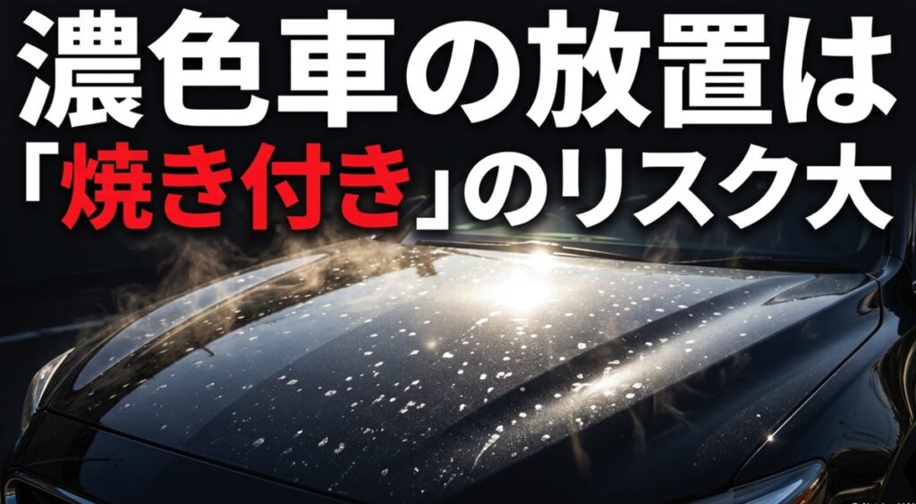 濃色車のボディが高温になり、水滴が焼き付いて取れなくなるリスクの強調