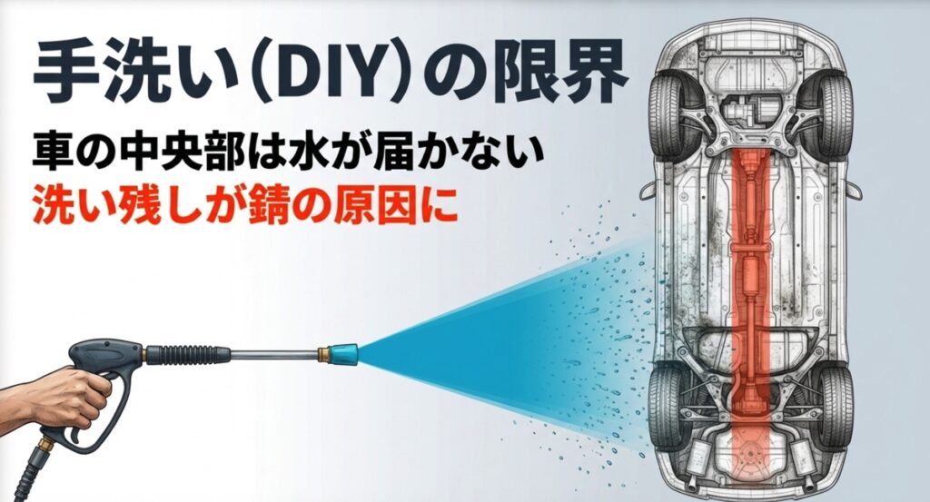 車の底面図解。手洗いでは届きにくい中央部のマフラーやプロペラシャフト周辺が洗い残しになりやすいことを示すイラスト