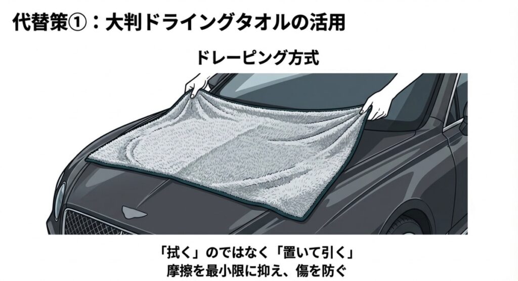 摩擦傷を防ぐ大判ドライングタオルの使い方（ドレーピング方式）のイラスト