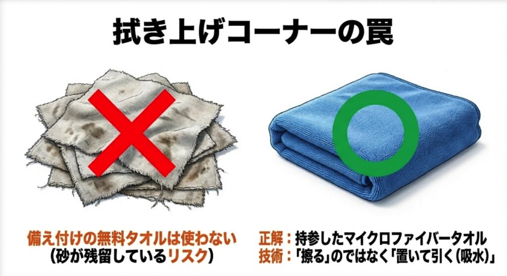洗車後の拭き上げNG例とマイクロファイバータオルの推奨