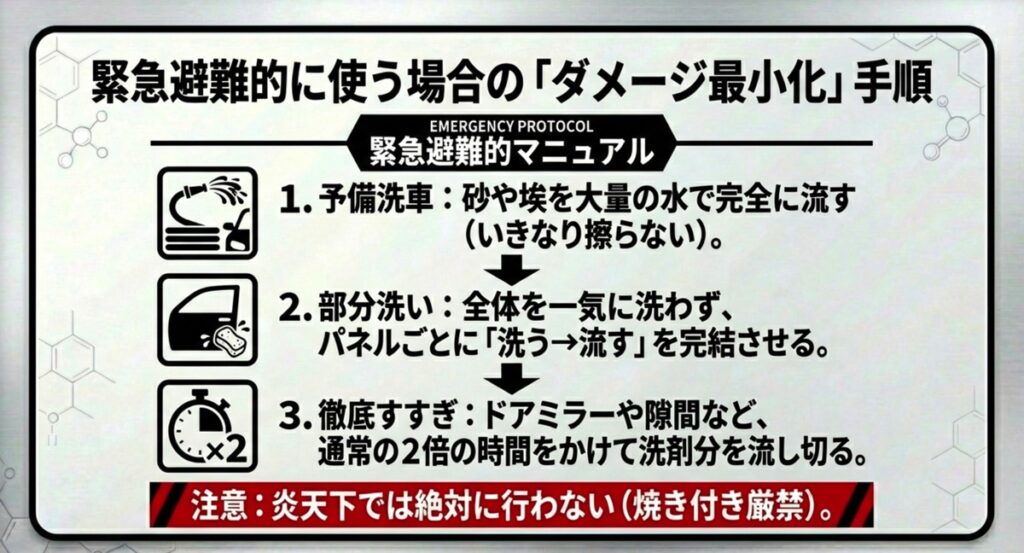 予備洗車、部分洗い、徹底すすぎの3ステップを解説した緊急時の洗車手順
