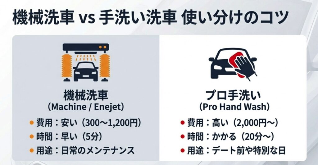 機械洗車とプロ手洗い洗車の費用・時間・用途の比較イラスト