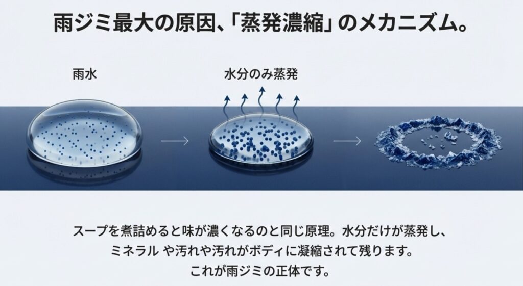 水分のみが蒸発し、汚れが凝縮されて雨ジミになる過程のイラスト