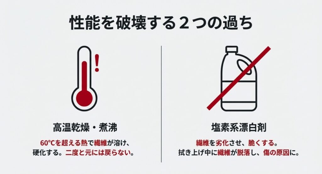 洗車タオルの性能を破壊する高温乾燥と塩素系漂白剤の使用禁止マーク