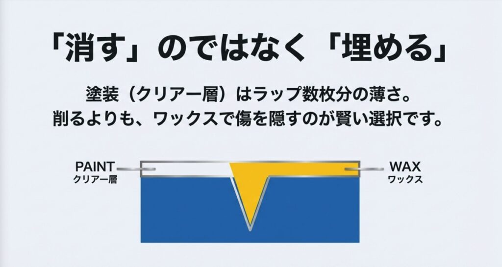 塗装のクリアー層にある傷の凹みを、ワックス成分が埋めて平滑にする仕組みの断面図