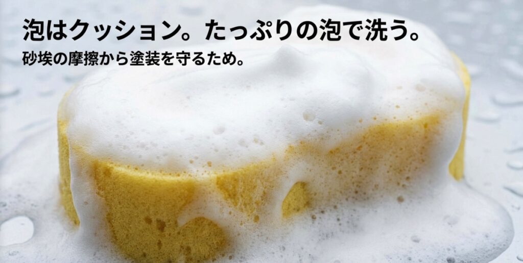 たっぷりの泡がクッションとなり砂埃の摩擦から塗装を守るイメージイラスト